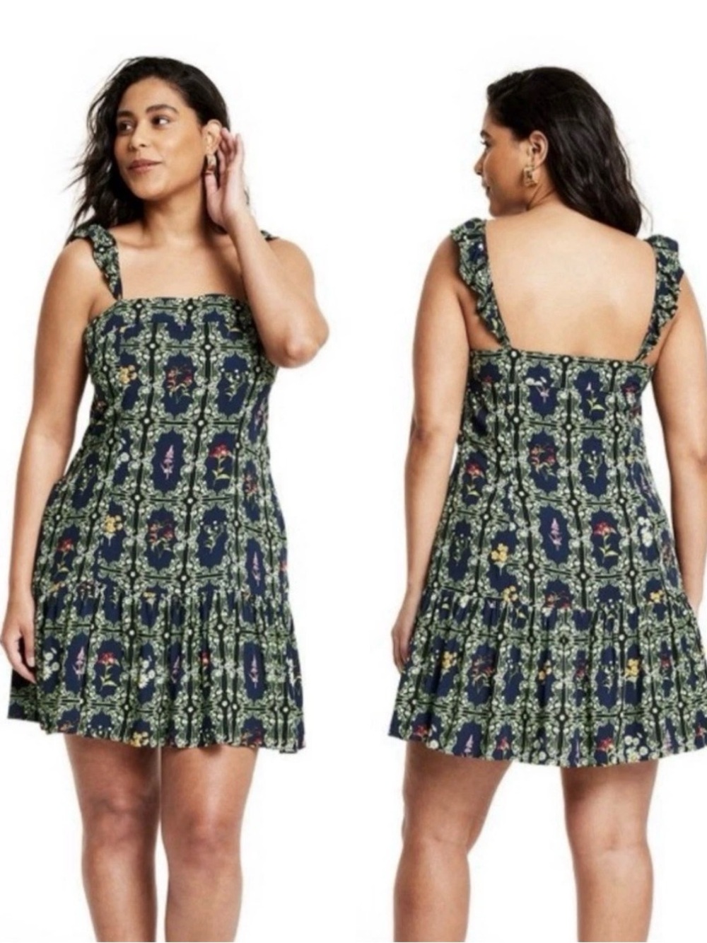 Women's Floral Tile Print Flutter Sleeve Mini Dress - Agua Bendita x Target XL